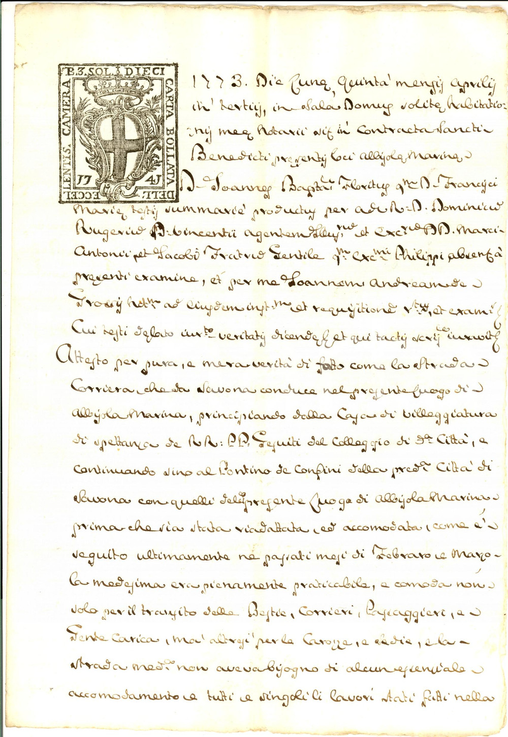 Documento originale, autentico 1773 ALBISSOLA MARINA SV Lavori strada corriera da Savona pro famiglia GENTILE 1