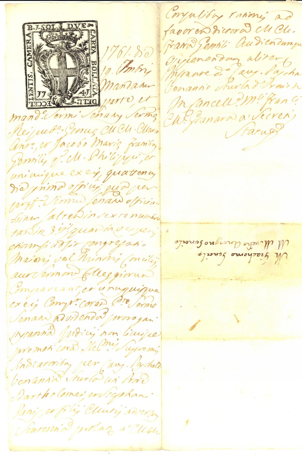 Documento originale, autentico 1761 REPUBBLICA DI GENOVA Mandato comparizione Marc Antonio e Giacomo GENTILE 1