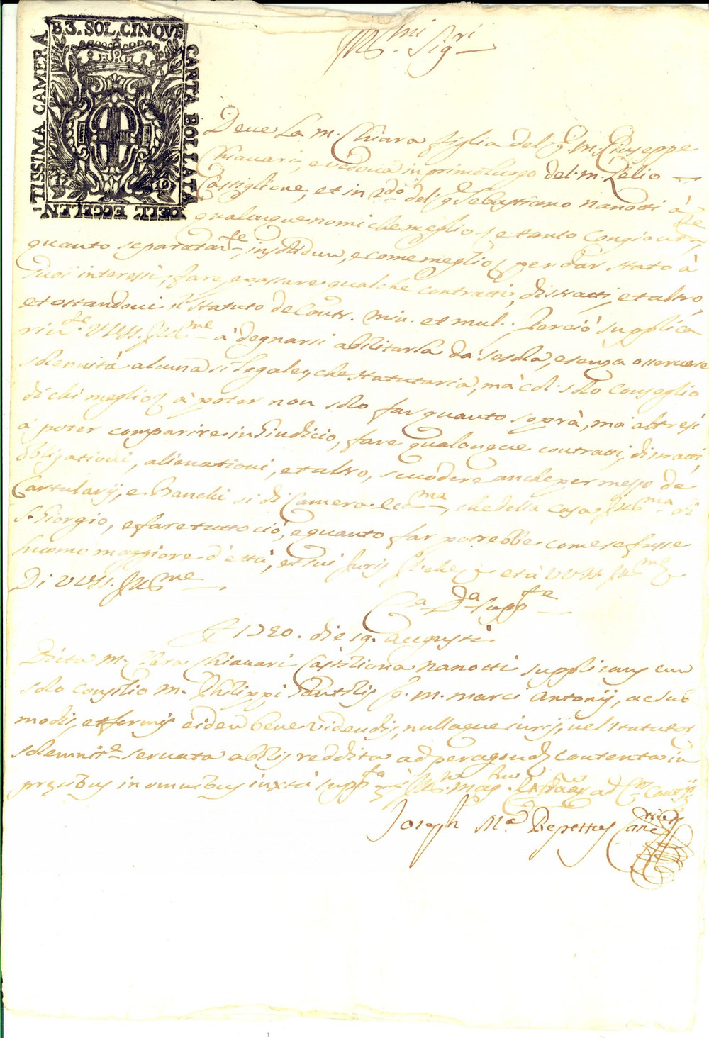 Documento originale, autentico 1740 GENOVA Vedova Chiara CHIAVARI CASTIGLIONE acquista capacitÃ  giuridica 1
