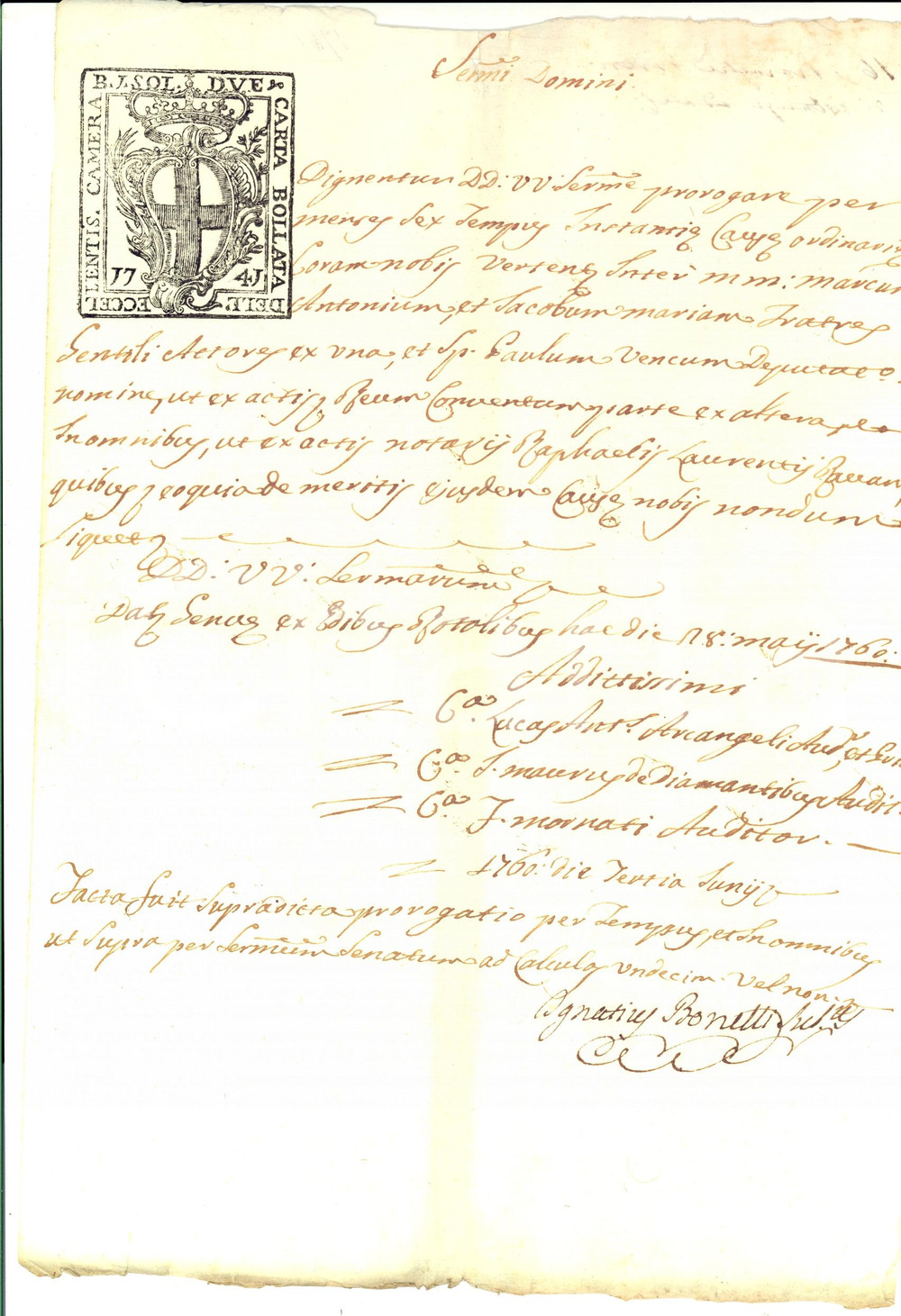 Documento originale, autentico 1760 GENOVA Proroga istanza lite marchesi GENTILE  Paolo VENCO Manoscritto 1