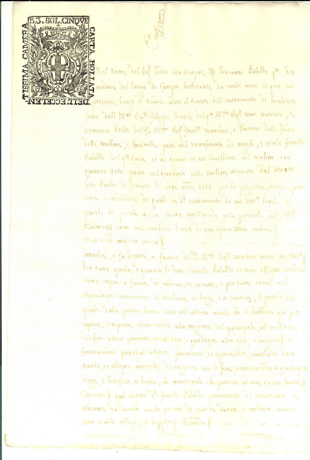 Documento originale, autentico 1735 MOLARE AL Giovanni PALAZZO garante su affitto mulino marchesi GENTILE 1