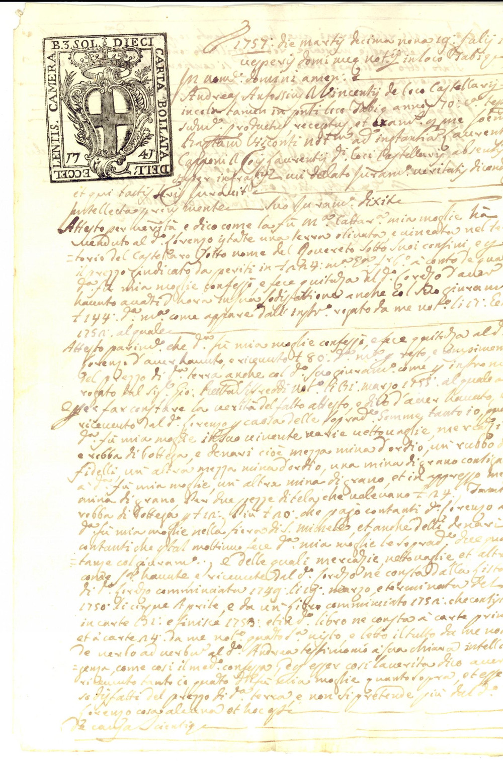 Documento originale, autentico 1757 CASTELLARO IM Andrea ANFOSSO vende fondo ROVERETO a Lorenzo CAPPONI 1
