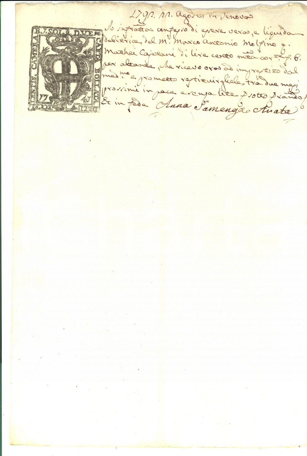 Documento originale, autentico 1792 GENOVA Anna SAMENGO ARATO debitrice di Marco Antonio MOLSINO Cambiale 1