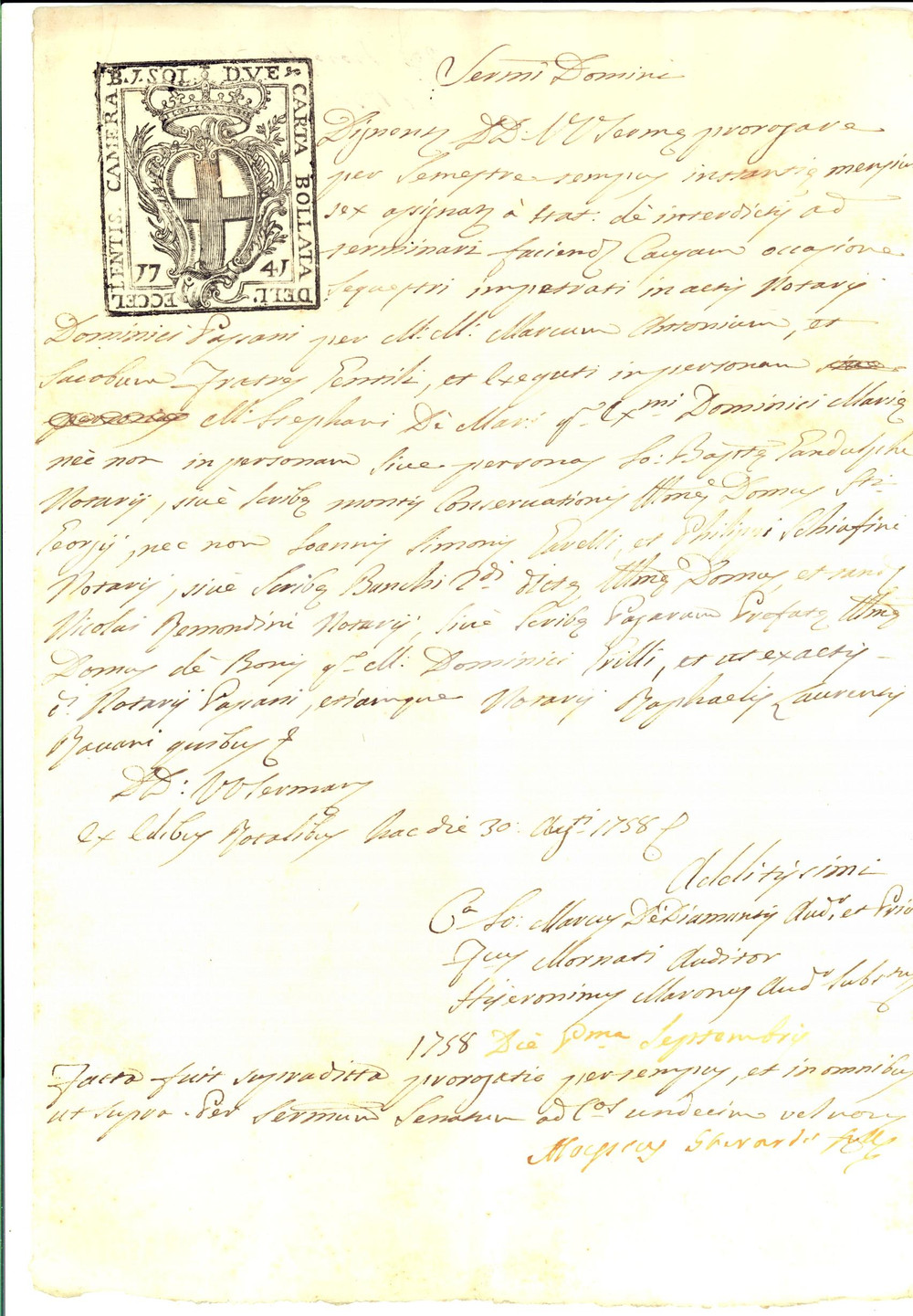 Documento originale, autentico 1758 GENOVA Proroga sequestro marchesi GENTILE vs Domenico GRILLO Manoscritto 1