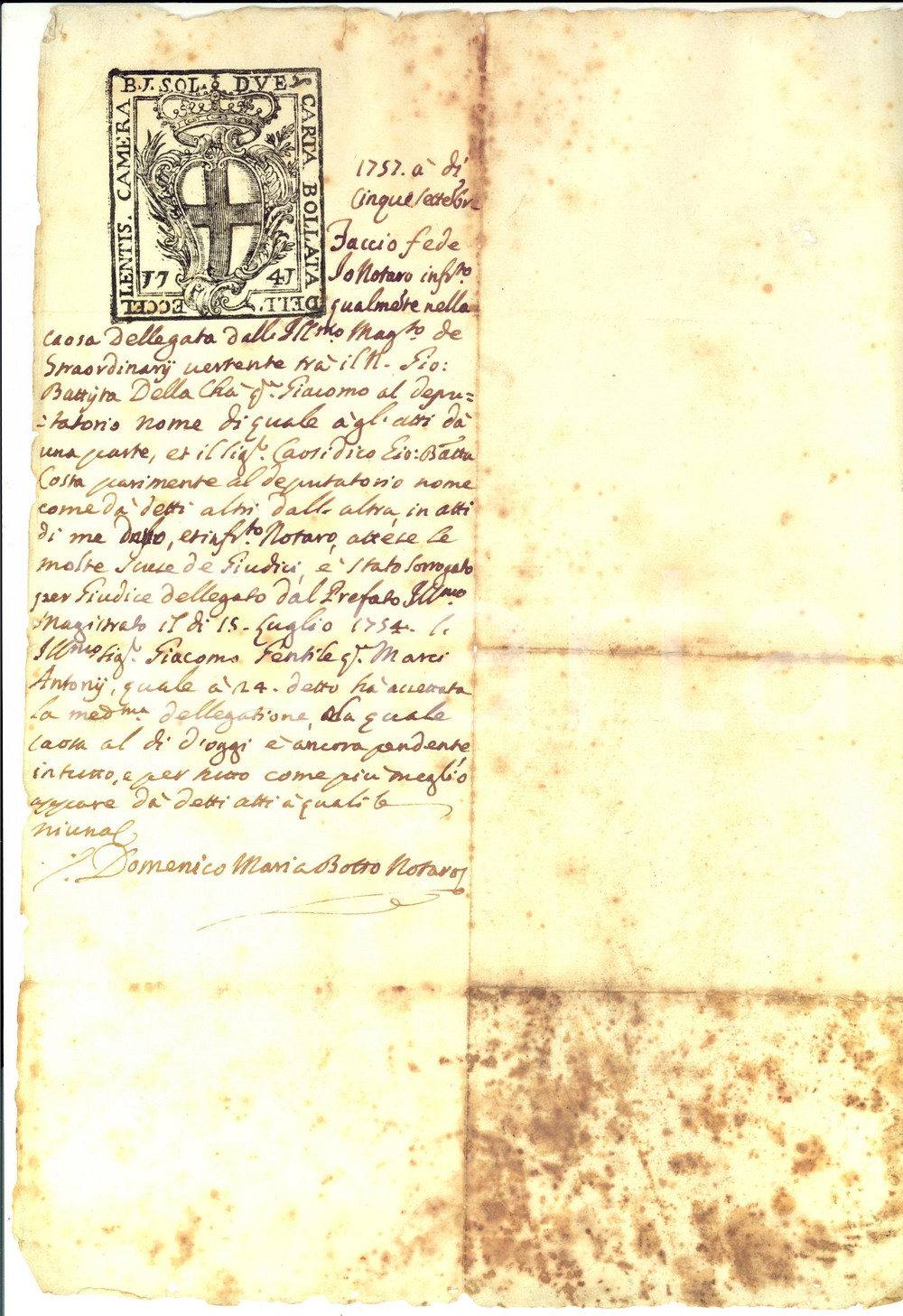 Documento originale, autentico 1757 GENOVA Lite Giovanni Battista DELLA CHA  contro Giovanni Battista COSTA 1