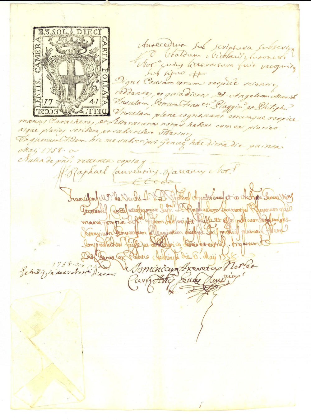Documento originale, autentico 1758 GENOVA ARCIVESCOVADO Fede per Angelo e Filippo ISOLA Manoscritto sigillo 1