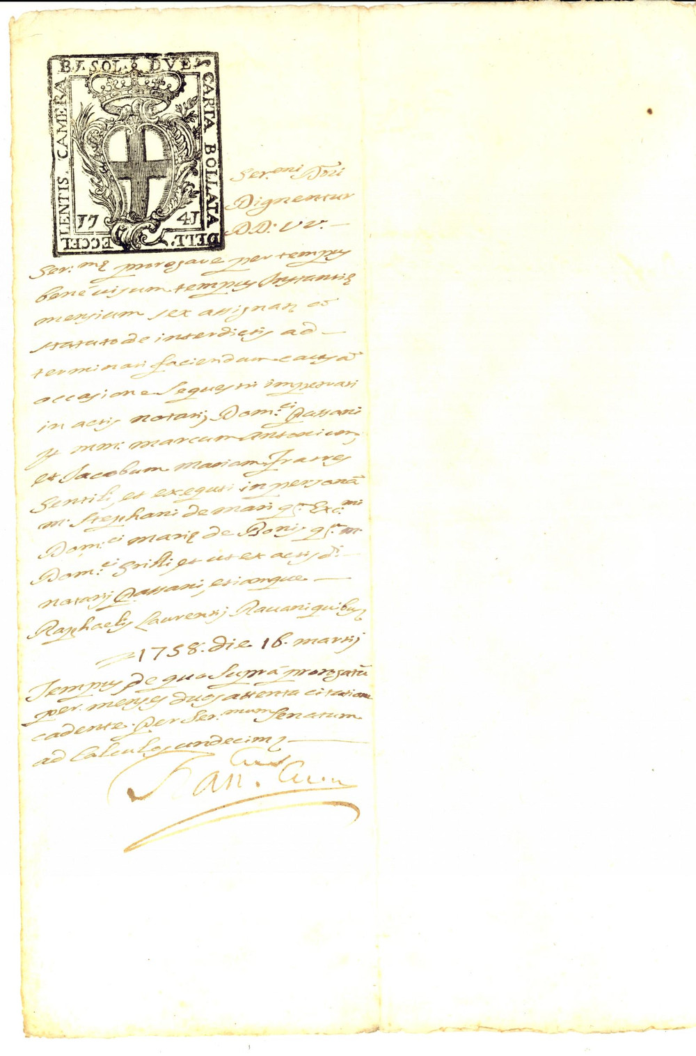 Documento originale, autentico 1758 GENOVA Proroga istanza sequestro beni marchese Domenico GRILLO 1