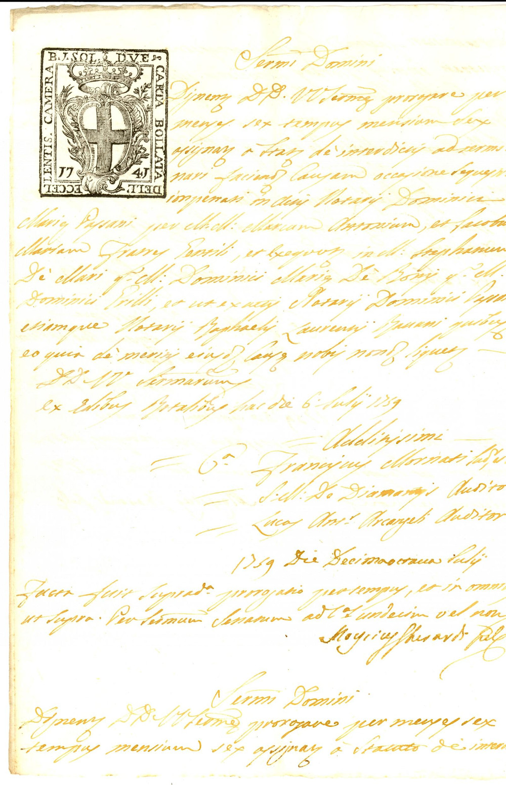 Documento originale, autentico 1759 GENOVA Proroga istanza di sequestro marchesi GENTILE vs Domenico GRILLO 1