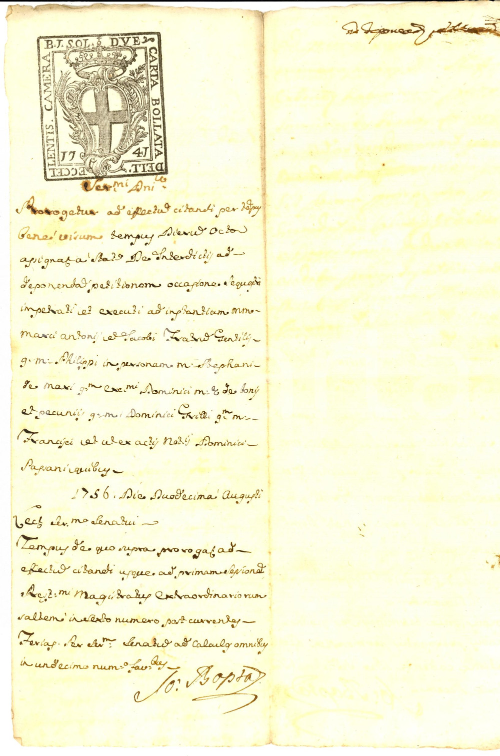 Documento originale, autentico 1756 GENOVA Proroga petizione marchesi GENTILE vs Domenico GRILLO Manoscritto 1