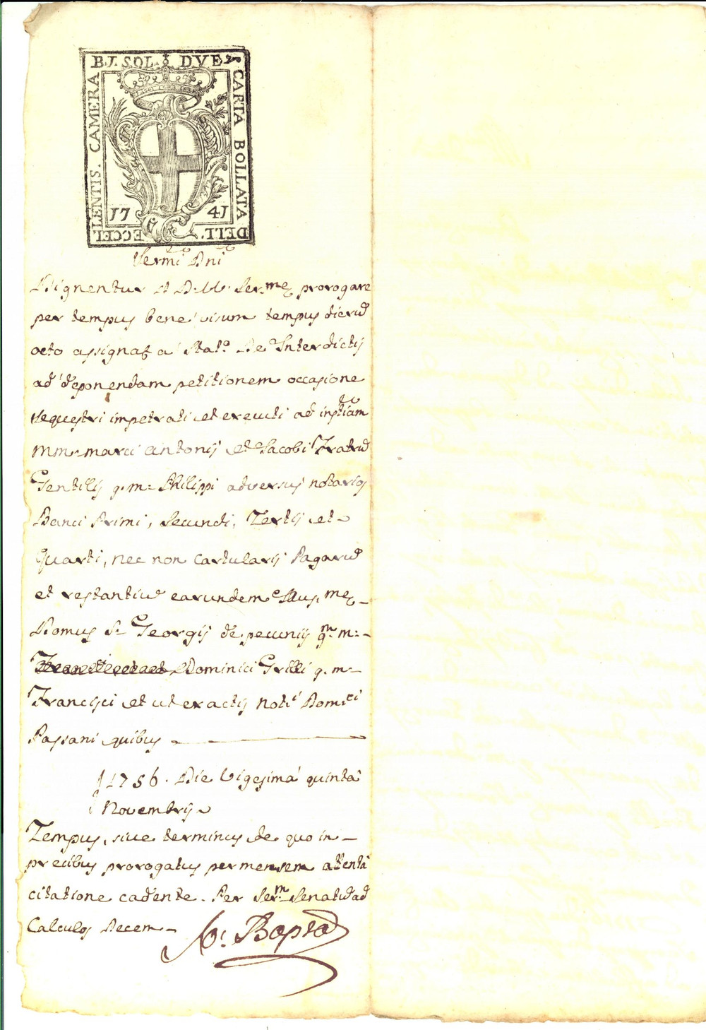 Documento originale, autentico 1756 GENOVA Proroga petizione marchesi GENTILE su pignoramento Domenico GRILLO 1