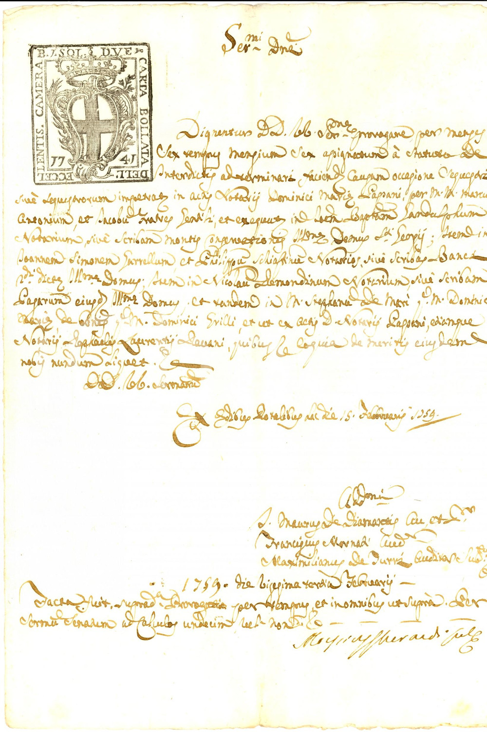 Documento originale, autentico 1759 GENOVA Proroga istanza sequestro marchesi GENTILE contro Domenico GRILLO 1
