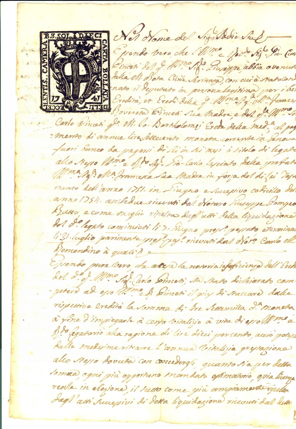 Documento originale, autentico 1776 GENOVA Abate Giovanni Carlo PINCETI cede credito all avv. Stefano CARCASSI 1