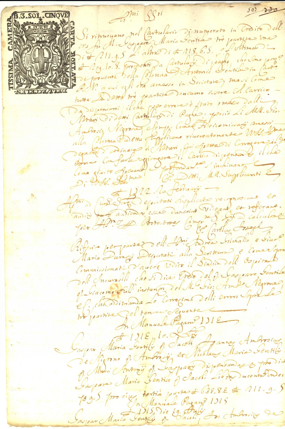 Documento originale, autentico 1722 GENOVA Marchese Antonio GENTILE deliberazione partite fedecommissari 1
