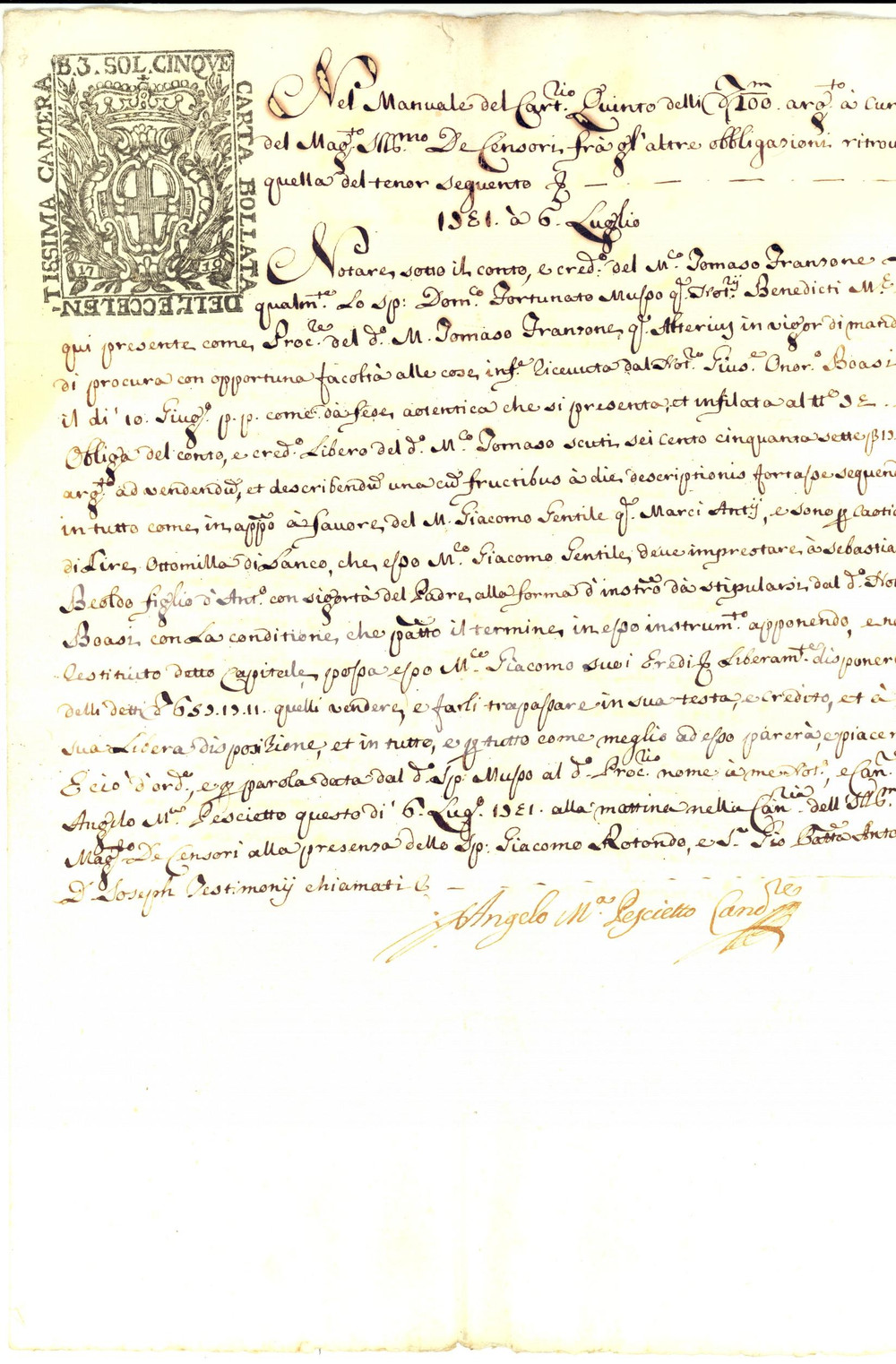 Documento originale, autentico 1731 GENOVA Prestito marchese GENTILE a Sebastiano BEOLDO con cauzione 1
