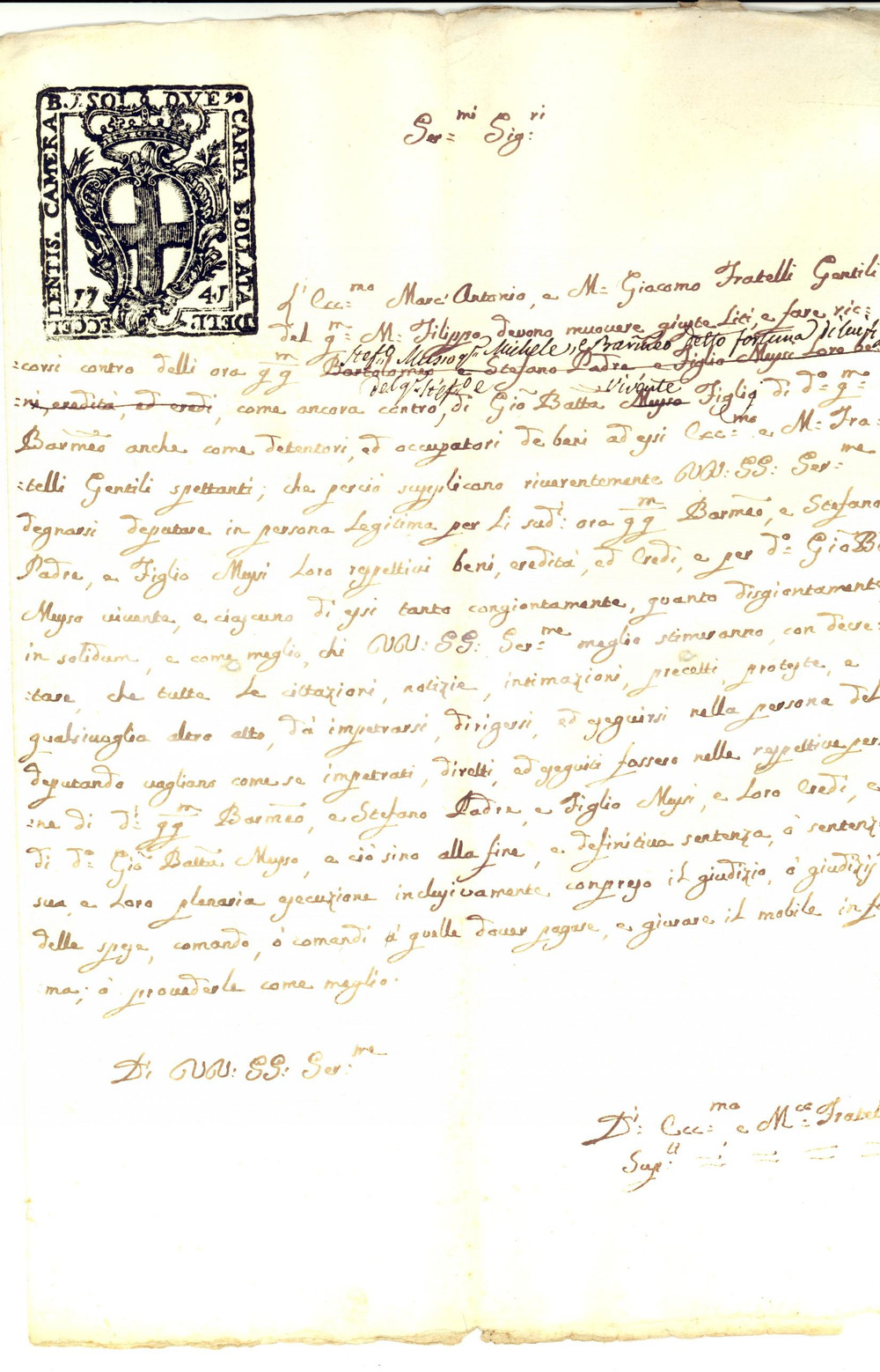 Documento originale, autentico 1750 ca GENOVA Famiglia MUSSI occupa abusivamente beni marchesi GENTILE 1