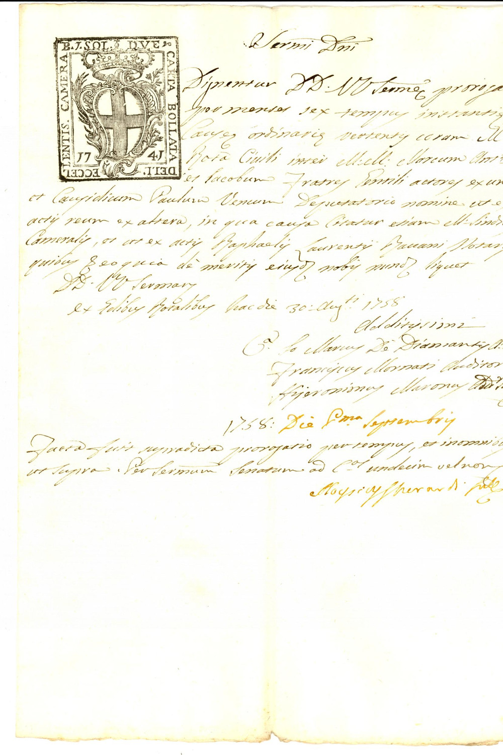 Documento originale, autentico 1758 GENOVA Proroga lite marchesi GENTILE vs Paolo VENCO Manoscritto 1