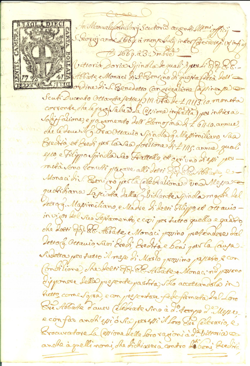 Documento originale, autentico 1765 GENOVA Elemosina defunta Violante SPINOLA per monaci di SAN BENIGNO 1
