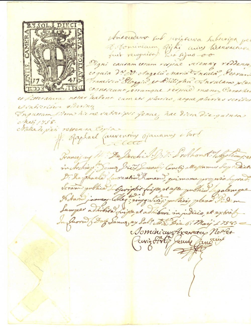 Documento originale, autentico 1758 GENOVA ARCIVESCOVADO Fede Angelo e Filippo ISOLA Manoscritto sigillo 1