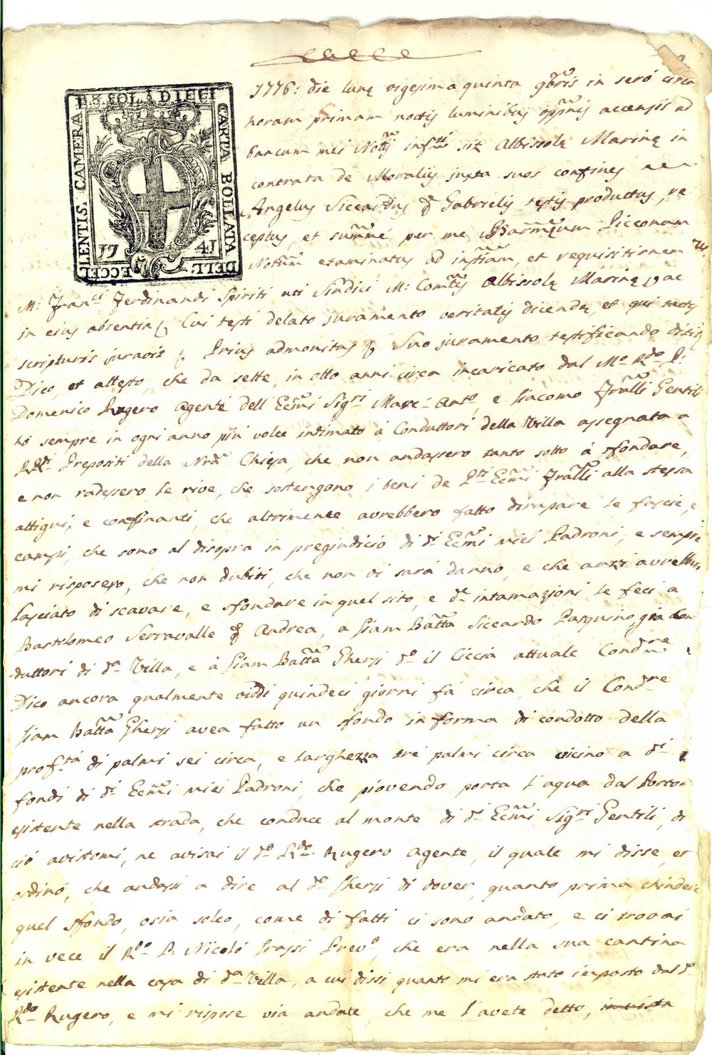 Documento originale, autentico 1776 ALBISSOLA MARINA SV Danni del parroco alle terre dei marchesi GENTILE 1