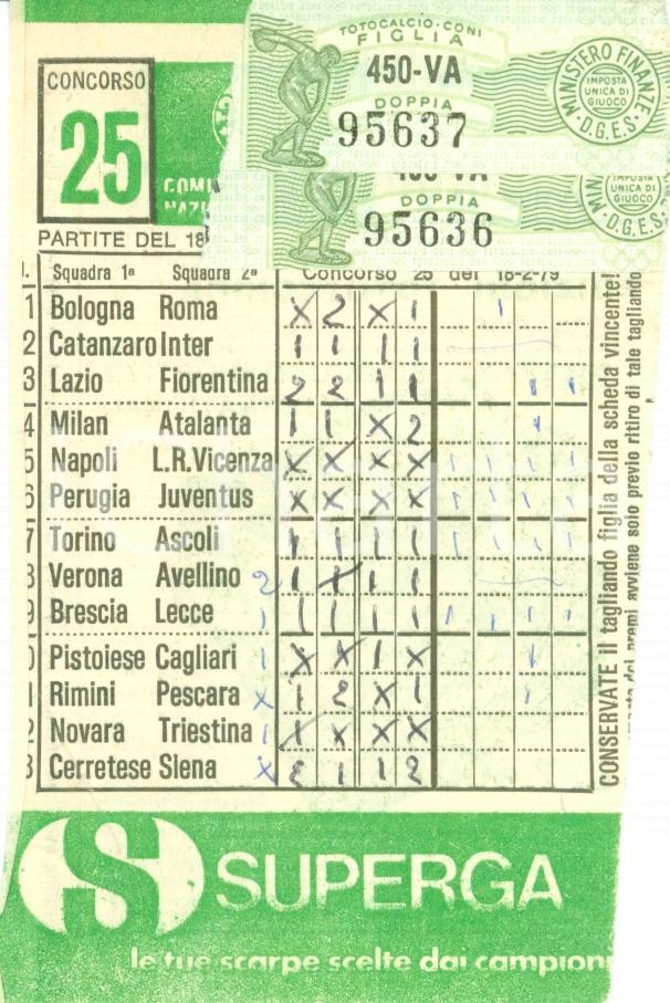 Oggetto da collezione cartaceo 1979 CONI Schedina giocata TOTOCALCIO  Concorso 25 Serie A SUPERGA 1