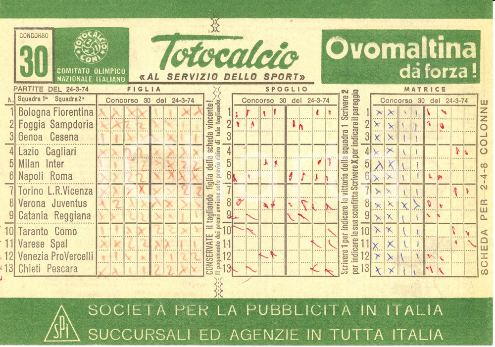 Oggetto da collezione cartaceo 1974 CONI Schedina non giocata TOTOCALCIO Concorso 30 Serie A OVOMALTINA 2 1