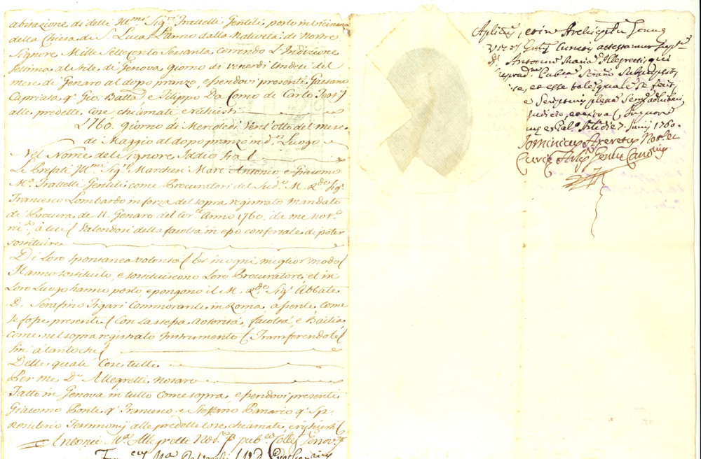 Documento originale, autentico 1760 GENOVA Francesco LOMBARDI procuratore su cappellania Maria Vittoria SPINOLA 1