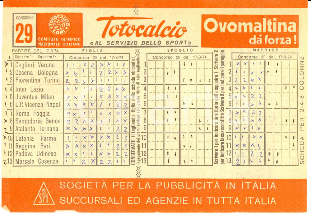 Oggetto da collezione cartaceo 1974 CONI Schedina non giocata TOTOCALCIO  Concorso 29 Serie A OVOMALTINA 1