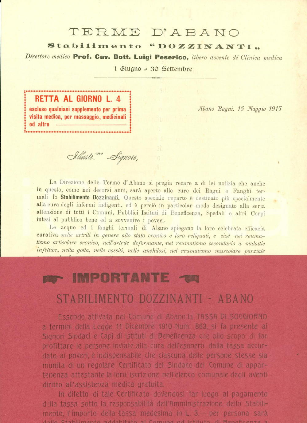 Documento originale, autentico 1915 ABANO TERME PD Stabilimento DOZZINANTI cure termali per i poveri 1
