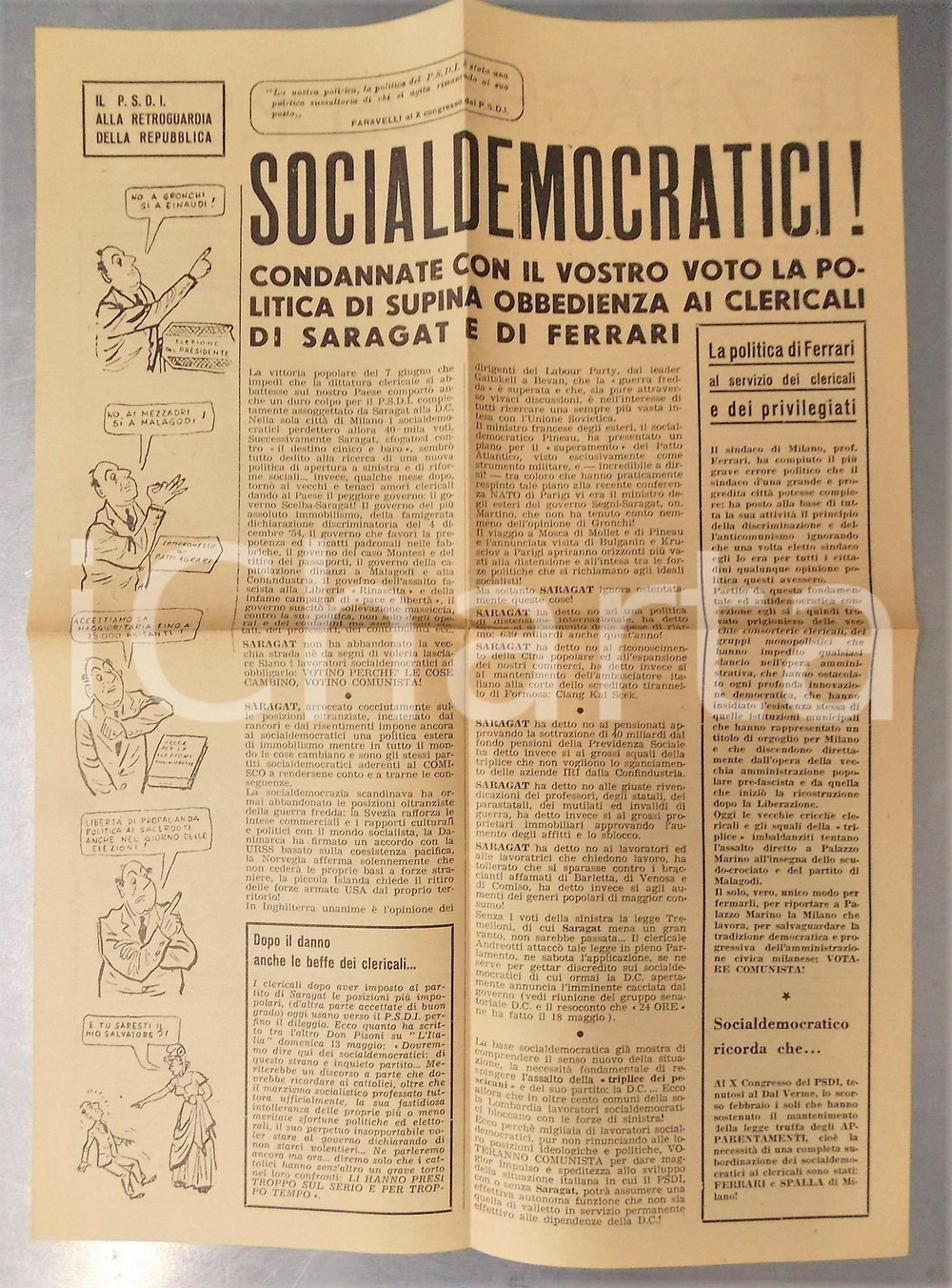 Materiale pubblicitario d’epoca 1956 MILANO PCI Socialdemocratici contro Giuseppe SARAGAT e PSDI Satira politica 1