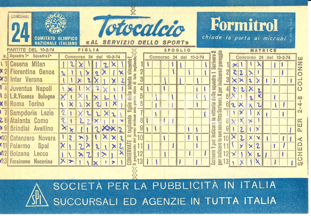 Oggetto da collezione cartaceo 1974 CONI Schedina non giocata TOTOCALCIO Concorso 24 Serie A Farmaco FORMITROL 1