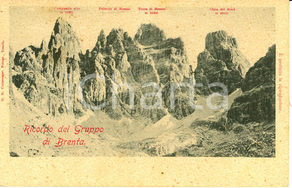 Cartolina originale da collezione 1900 ca TRENTO Il gruppo del BRENTA con CIMA DEI ARMI Cartolina FP NV 1