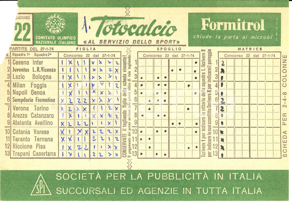 Oggetto da collezione cartaceo 1974 CONI Schedina non giocata TOTOCALCIO Concorso 22 Serie A Farmaco FORMITROL 1