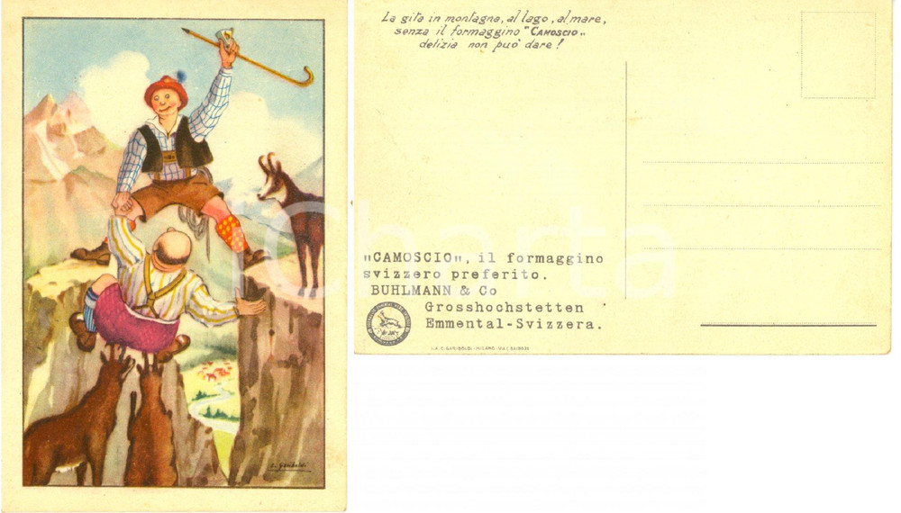 Cartolina originale da collezione 1940 ca BURGDORF CH Formaggio CAMOSCIO BUHLMANN&CO Pubblicitaria GARIBOLDI FG 1