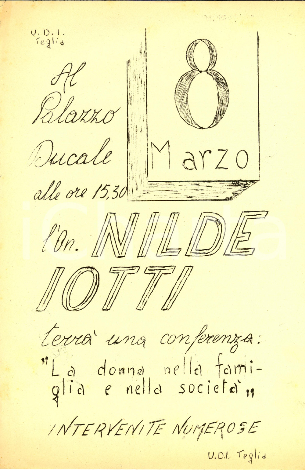 Materiale pubblicitario d’epoca 1955 ca GENOVA Conferenza Nilde IOTTI Unione Donne Italia TEGLIA Manifestino 1