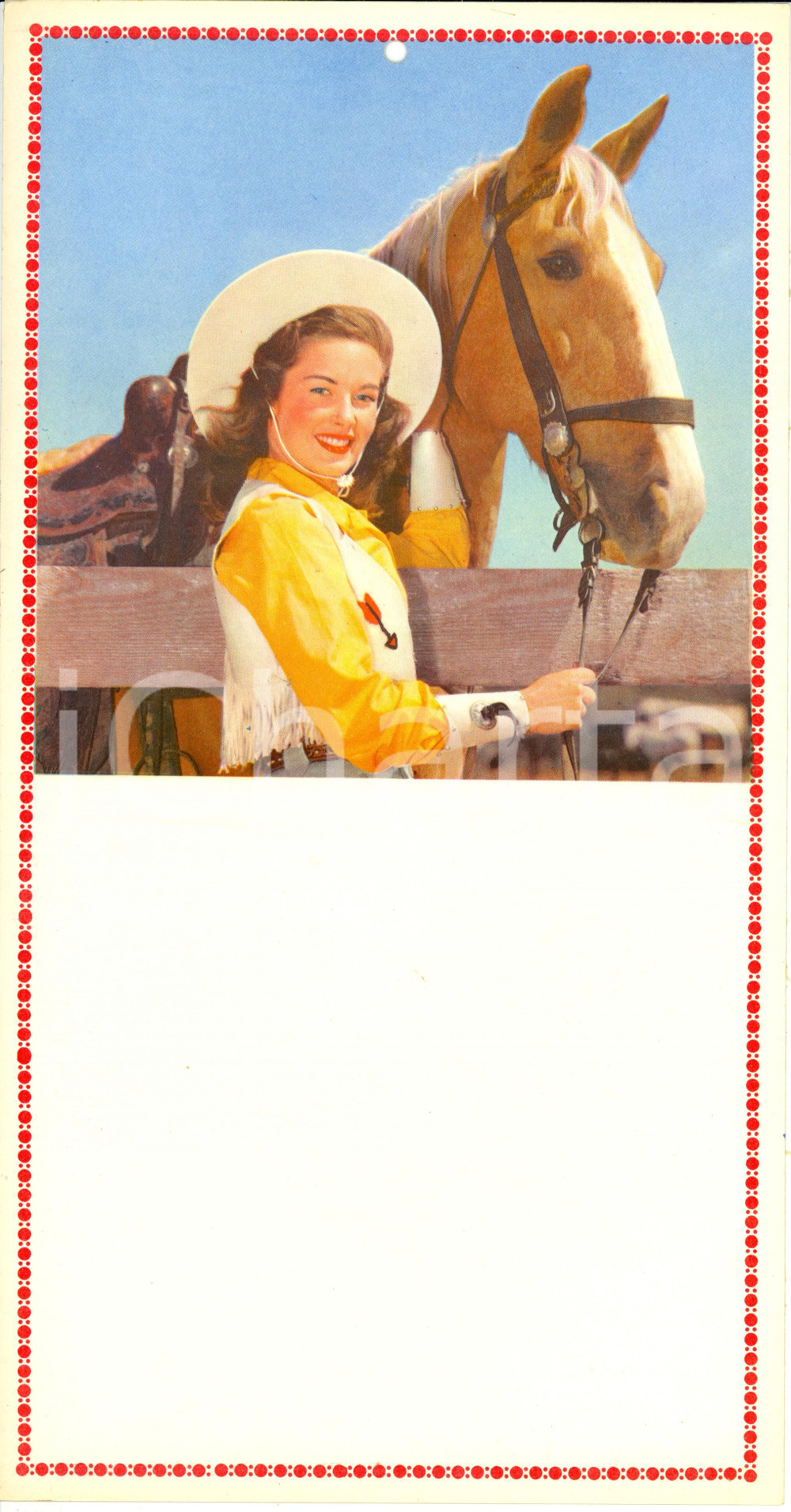 Oggetto da collezione cartaceo 1955 ca ITALIA MODERNARIATO Calendario perpetuo con cowgirl 17 x 32 cm 1