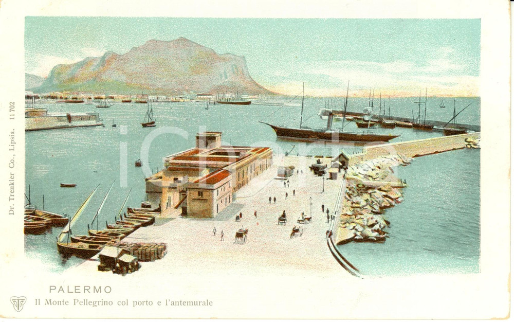 Cartolina originale da collezione 1900 ca PALERMO Monte PELLEGRINO con porto e antemurale Cartolina ANIMATA FP NV 1