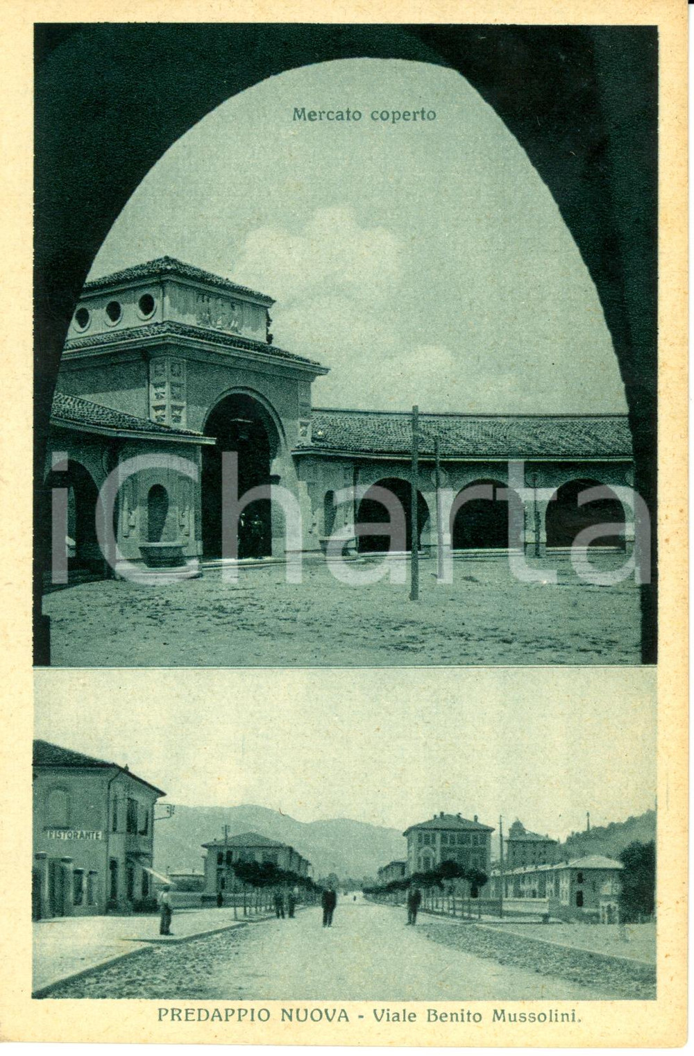 Cartolina originale da collezione 1930 ca PREDAPPIO NUOVA FC Mercato coperto e viale Benito MUSSOLINI  FP NV 1