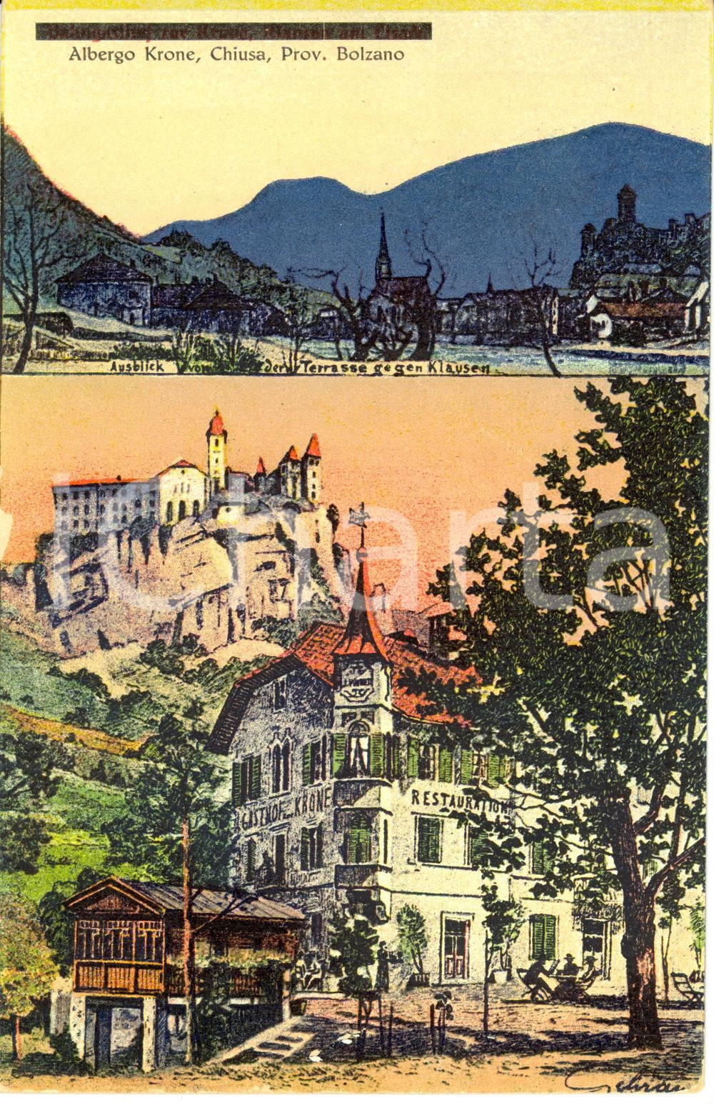 Cartolina originale da collezione 1920 ca CHIUSA BZ L albergo KRONE Cartolina ILLUSTRATA 2 1