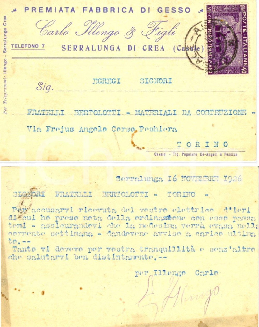 Cartolina originale da collezione 1926 SERRALUNGA DI CREA AL Fabbrica gesso Carlo ILLENGO Cartolina FP VG 1