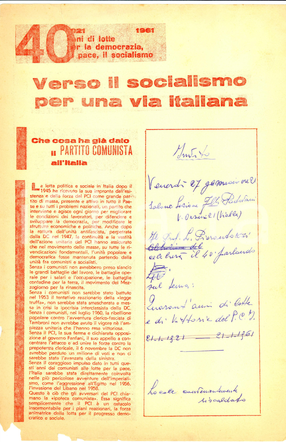 Materiale pubblicitario d’epoca 1961 MILANO PROPAGANDA POLITICA Quarant anni di PCI Volantino 1