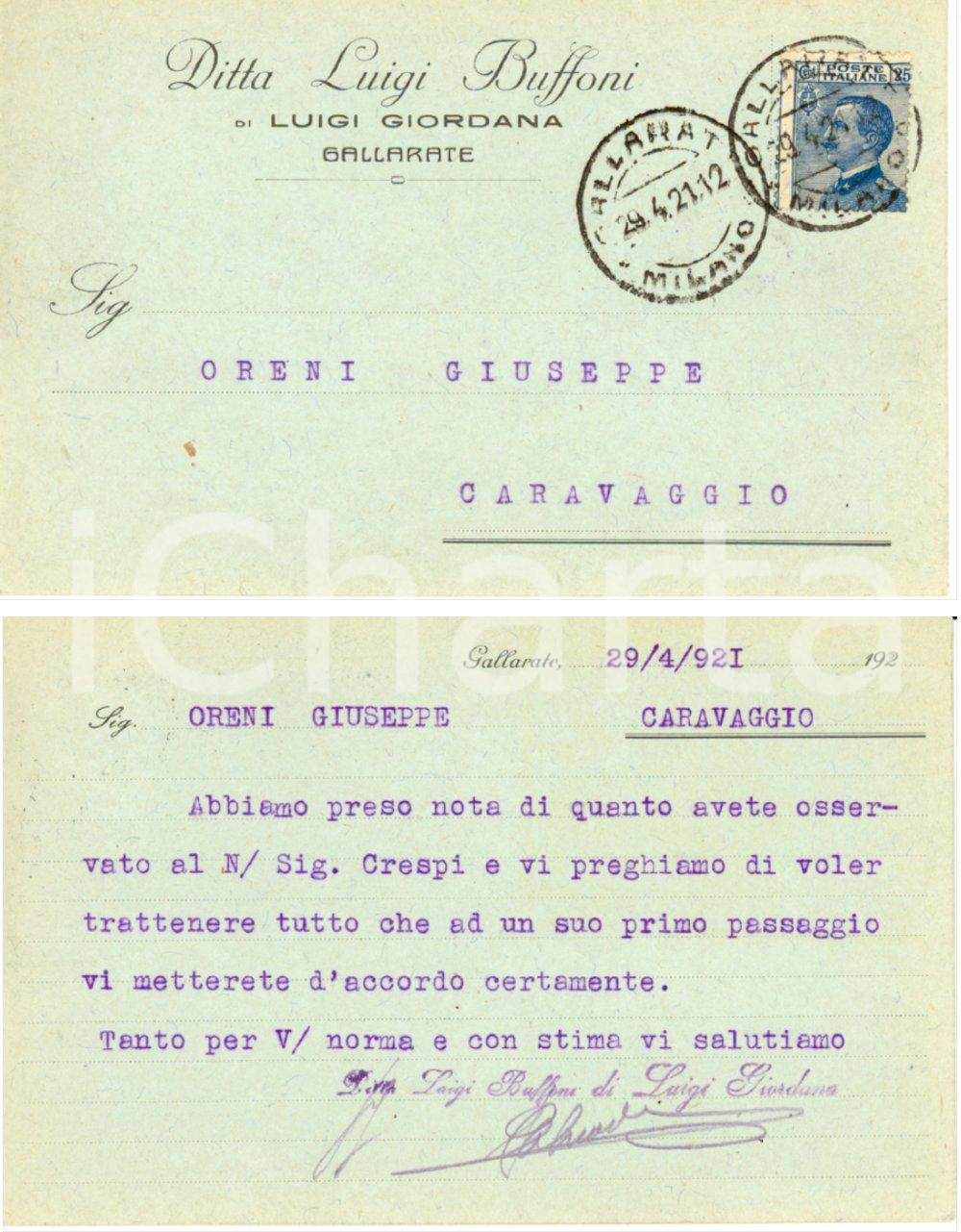Cartolina originale da collezione 1921 GALLARATE VA Ditta LUIGI BUFFONI di Luigi GIORDANA Cartolina commerciale 1