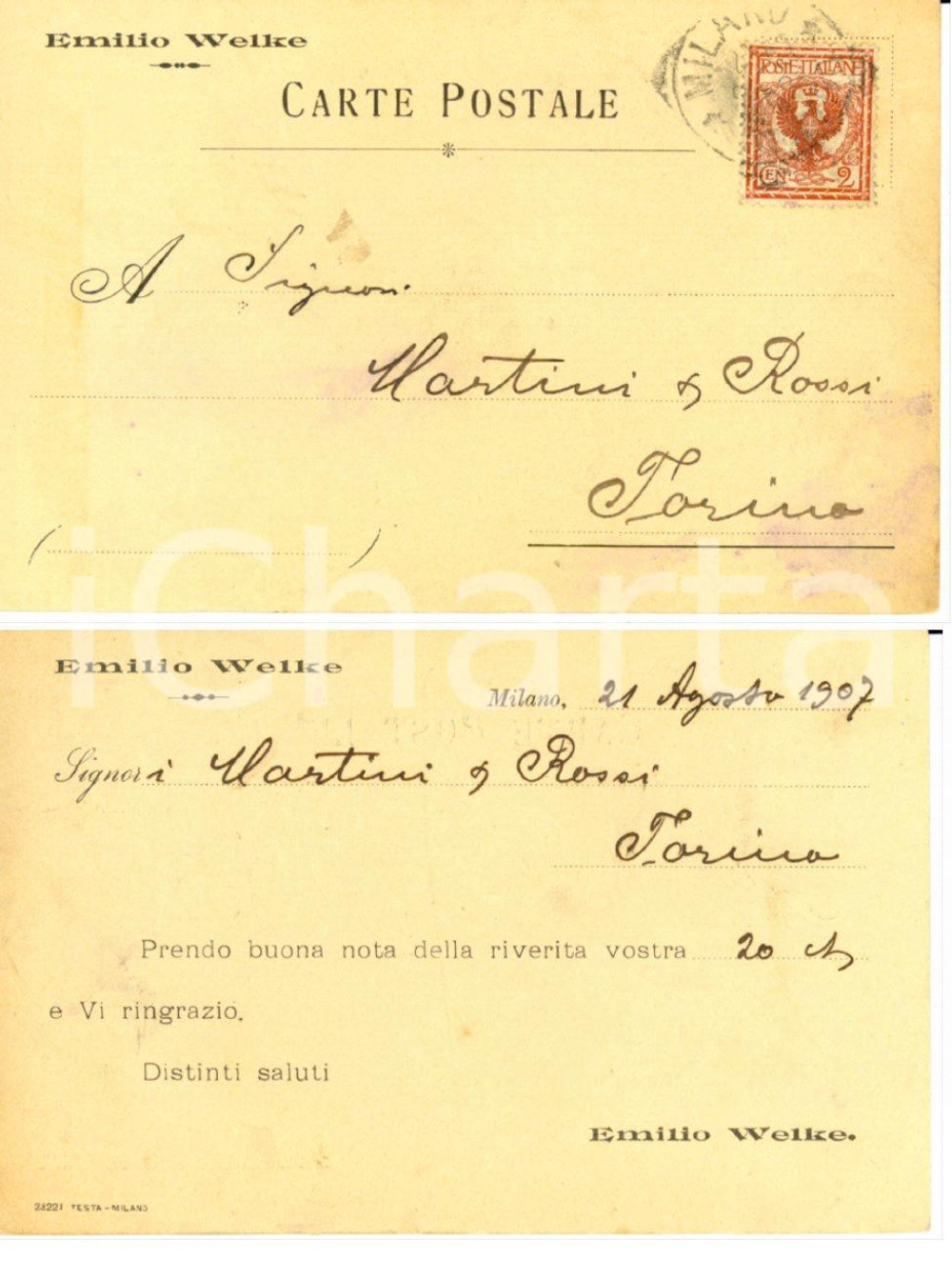 Cartolina originale da collezione 1907 MILANO Emilio WELKE alla MARTINI & ROSSI Cartolina FP VG 1