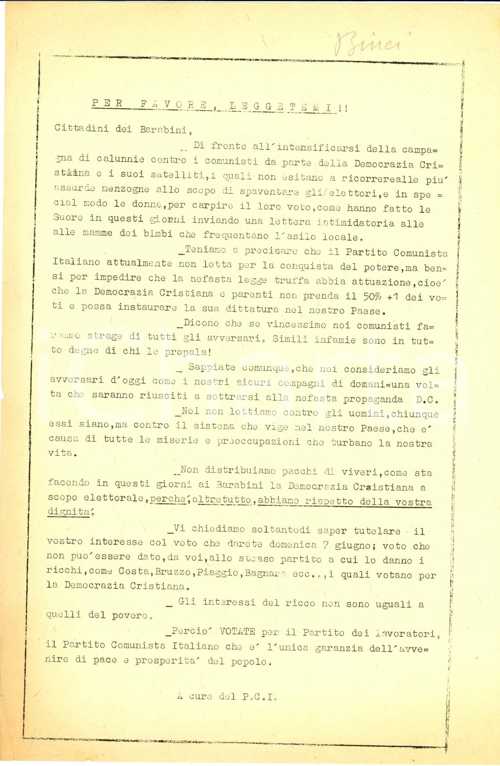 Materiale pubblicitario d’epoca 1953 GENOVA TRASTA PROPAGANDA POLITICA DC calunnia PCI in zona BARABINI 1