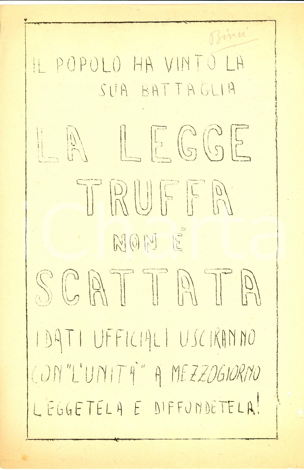 Materiale pubblicitario d’epoca 1953 PROPAGANDA POLITICA PCI Popolo ha sconfitto LEGGE TRUFFA Volantino 1
