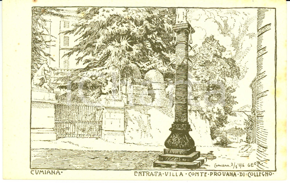 Cartolina originale da collezione 1916 CUMIANA TO Entrata villa CONTI PROVANA di COLLEGNO ILLUSTRATA GECH FP NV 1