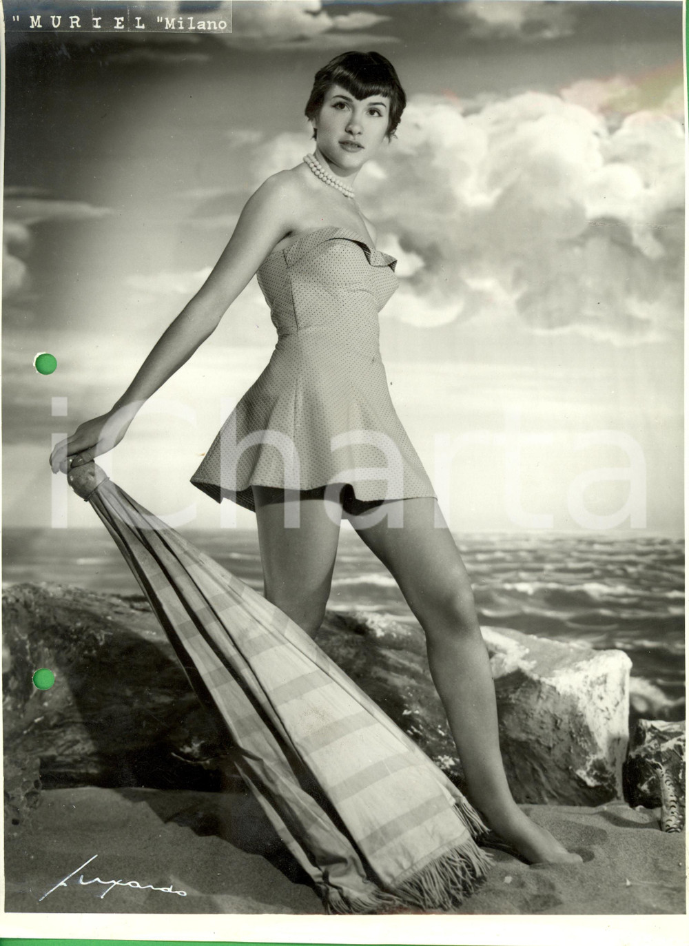 Fotografia d epoca originale 1960 ca MILANO MODA Costumi da bagno MURIEL modella costume a pois Foto VINTAGE 1