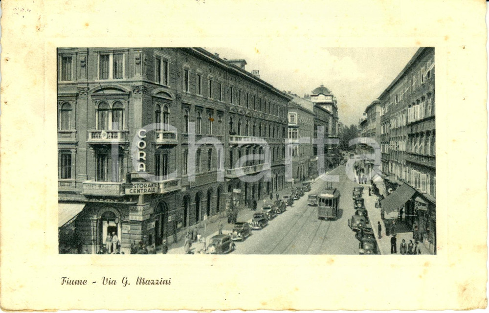 Cartolina originale da collezione 1950 FIUME CROAZIA Passaggio tram in via MAZZINI DANNEGGIATA FP VG 1
