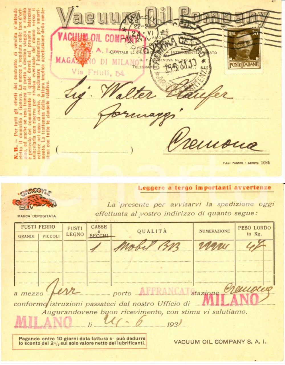 Cartolina originale da collezione 1931 MILANO Cartolina VACUUM OIL COMPANY Commerciale FP VG 1