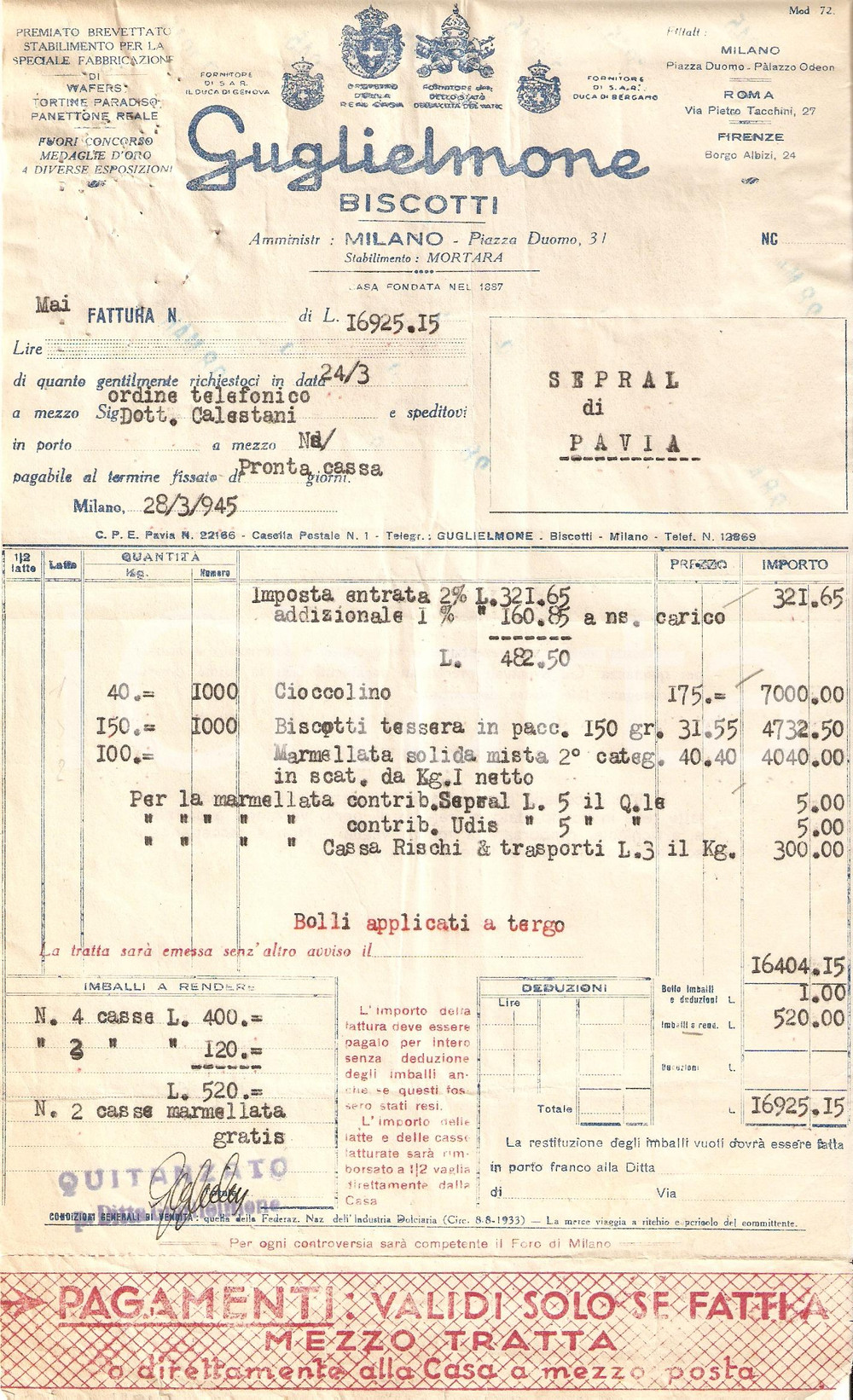 Documento originale, autentico 1945 MILANO Biscotti GUGLIELMONE Stabilimento MORTARA Panettone Reale Fattura 1 1
