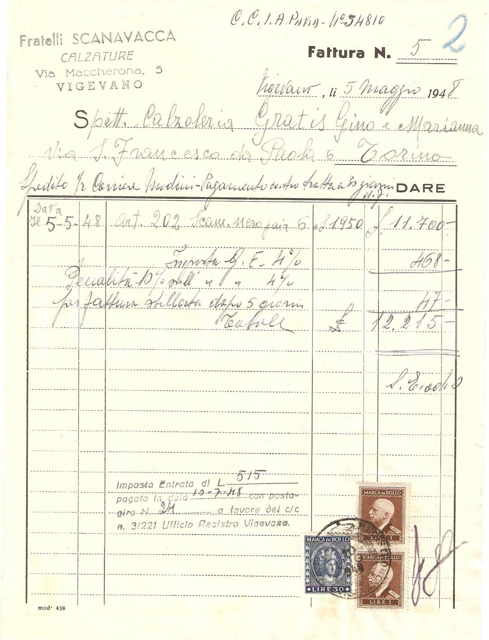 Documento originale, autentico 1948 VIGEVANO PV Calzaturificio Fratelli SCANAVACCA Scarpe Fattura 1